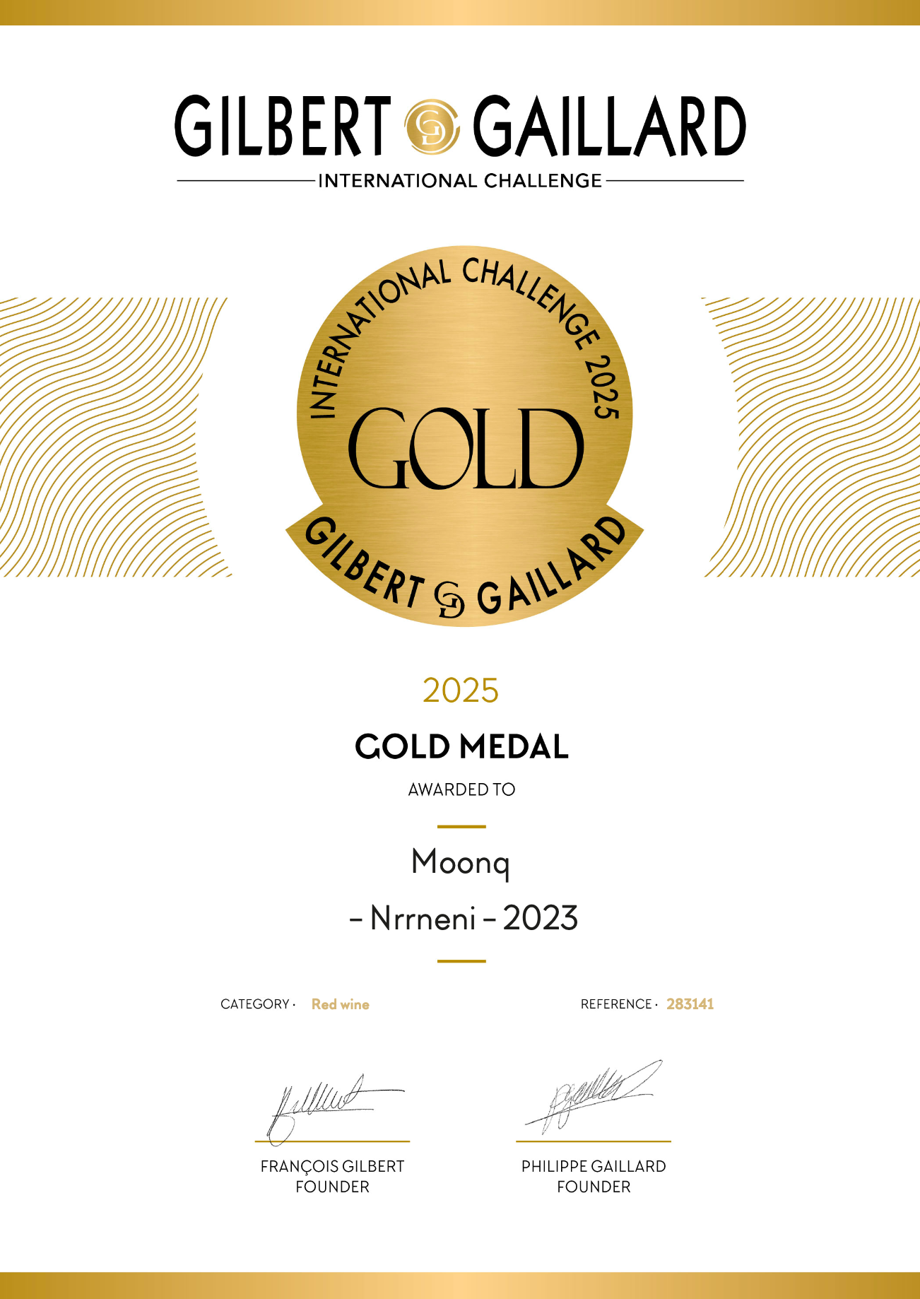 MOONQ Nrneni 2023 Gold Medal Certificate (Gilbert & Gaillard)